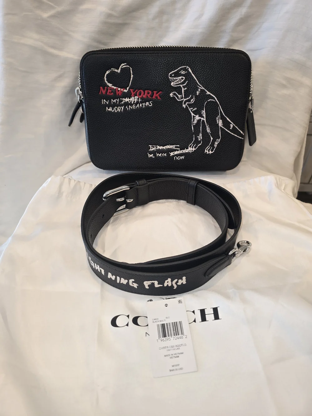 Coach Black Leather Crossbody Bag with Dino Sketch